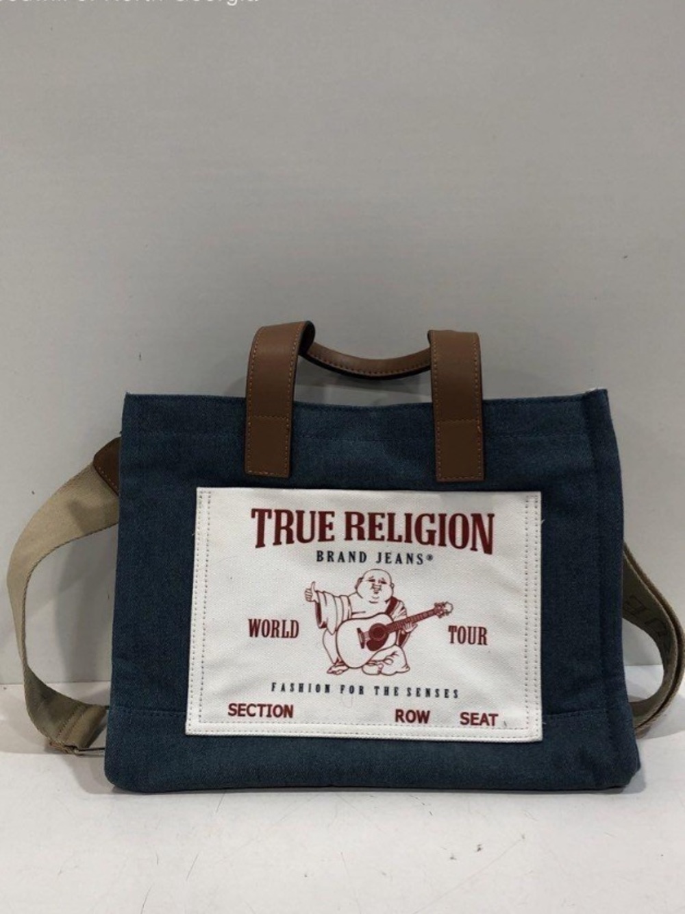 Women’s True Religion Denim Canvas Medium Tote Bag with Brown Leather Handles